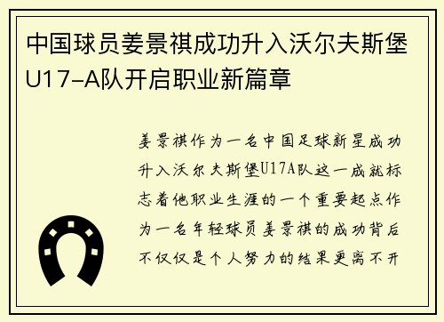 中国球员姜景祺成功升入沃尔夫斯堡U17-A队开启职业新篇章