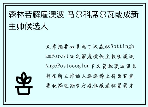 森林若解雇澳波 马尔科席尔瓦或成新主帅候选人